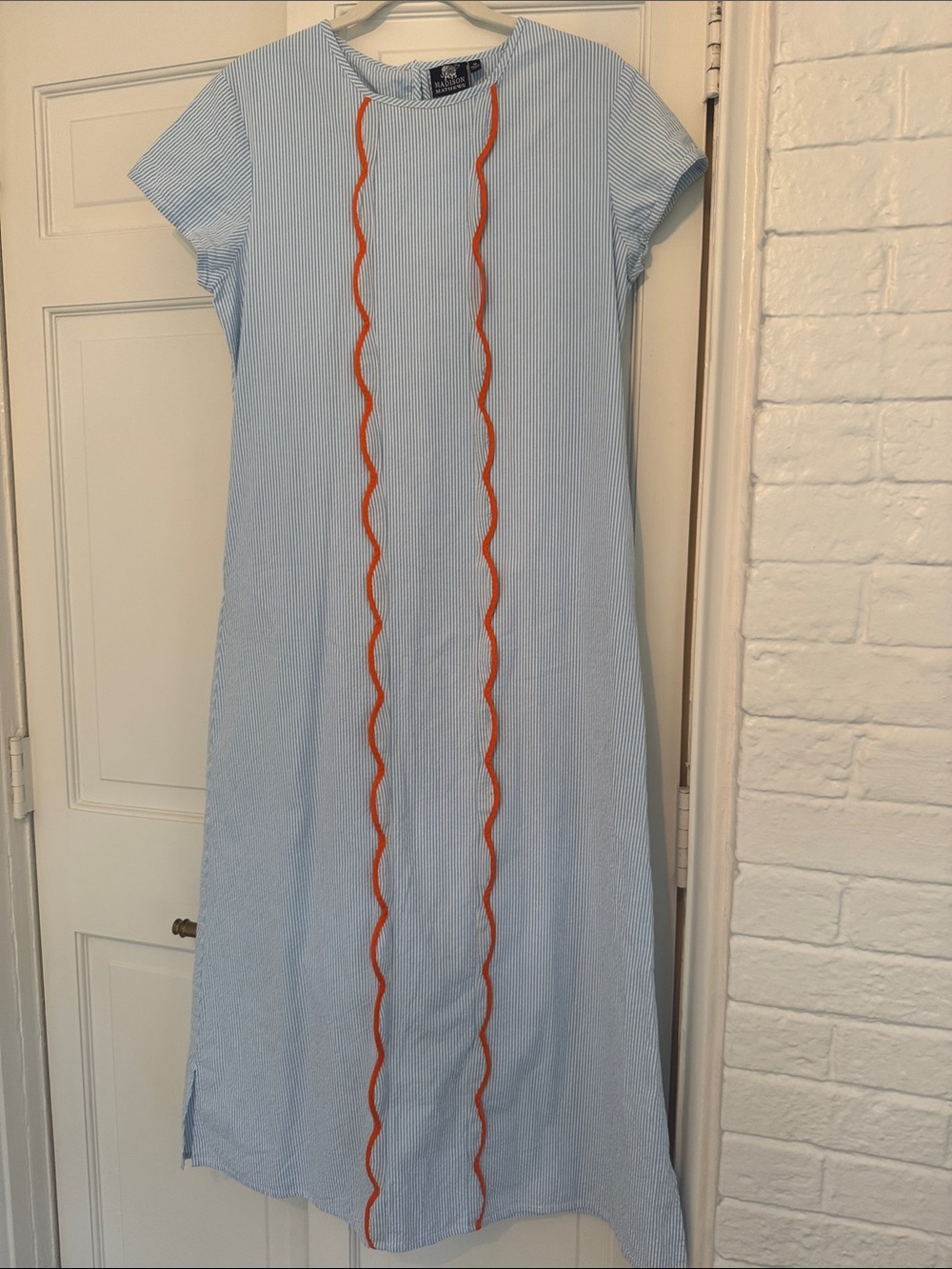 Madison Mathews seersucker Blue Midi Dress with Orange Trim
